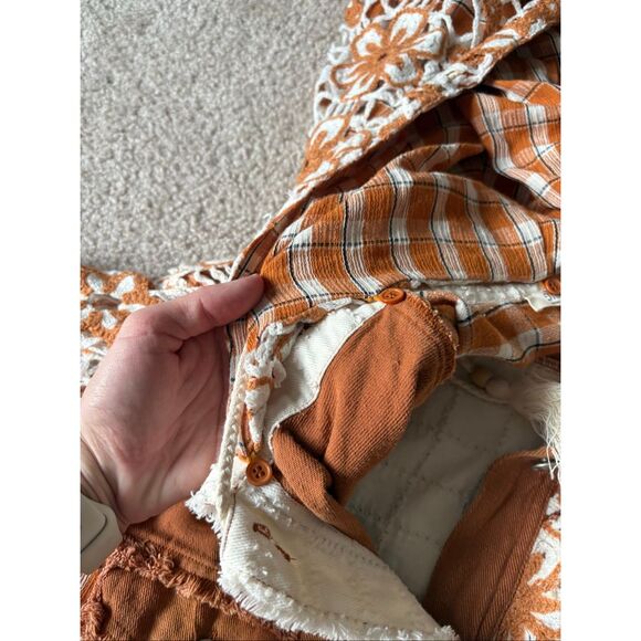 Miss Me Floral Pieced Denim Jacket size S Boho Multi Orange Hooded Crochet Cropp - Picture 14 of 14